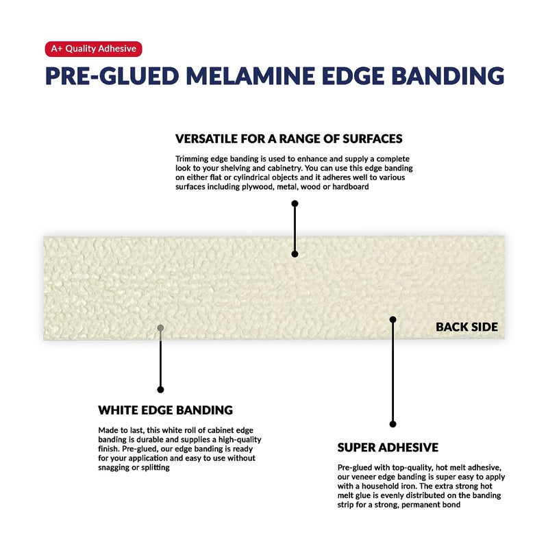 UNMAR White Melamine Edge Banding 3/4 inch x 100 ft Iron On Adhesive Edging Cabinet Repair Laminate Shelf Table Plywood MDF Board Furniture Formica Countertop Pre Glued Flexible Strip Wood Veneer Tape Trim - Image 4